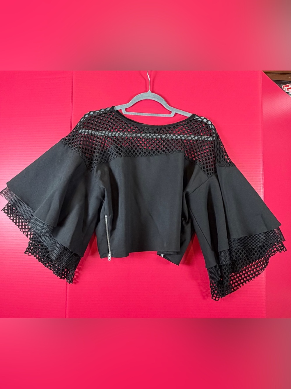 Gracia Black Mesh Bell Sleeved Boxy Shirt with Zippers M